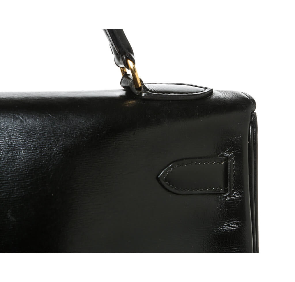 Hermès Box Leather Kelly Black Bag - Crowned Bag