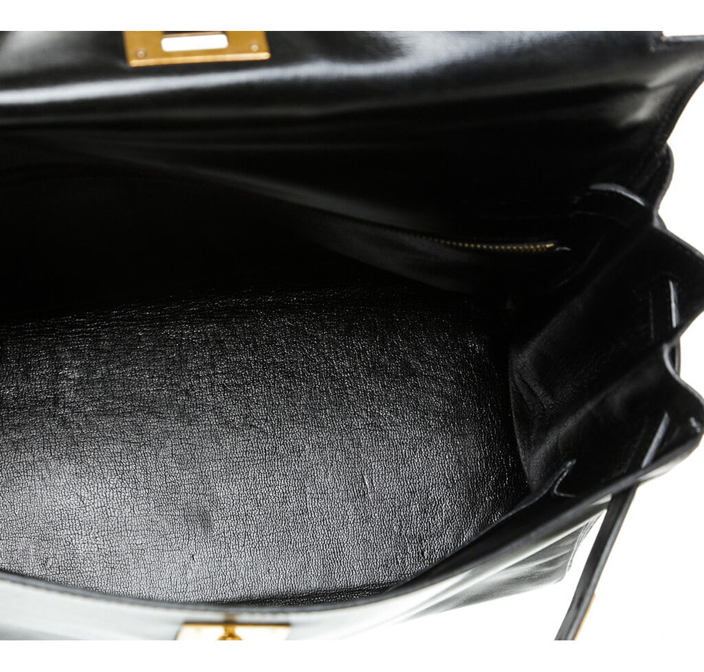 Hermès Box Leather Kelly Black Bag - Crowned Bag
