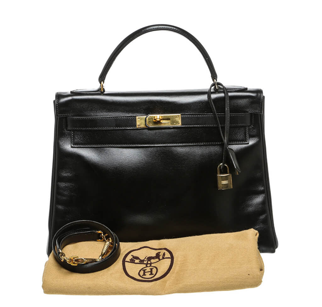 Hermès Box Leather Kelly Black Bag - Crowned Bag