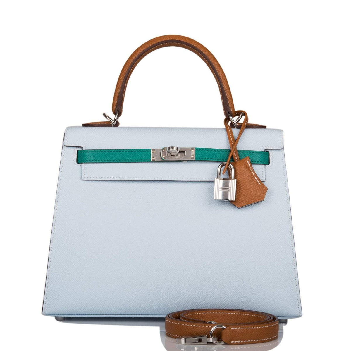 Hermes Kelly Sellier 25 Tri-Color Bleu Brume, Vert Jade and Gold Epsom Palladium Hardware Hermes