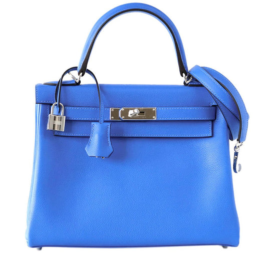 Hermès Kelly 28 Blue Hydra Evergrain - Crowned Bag