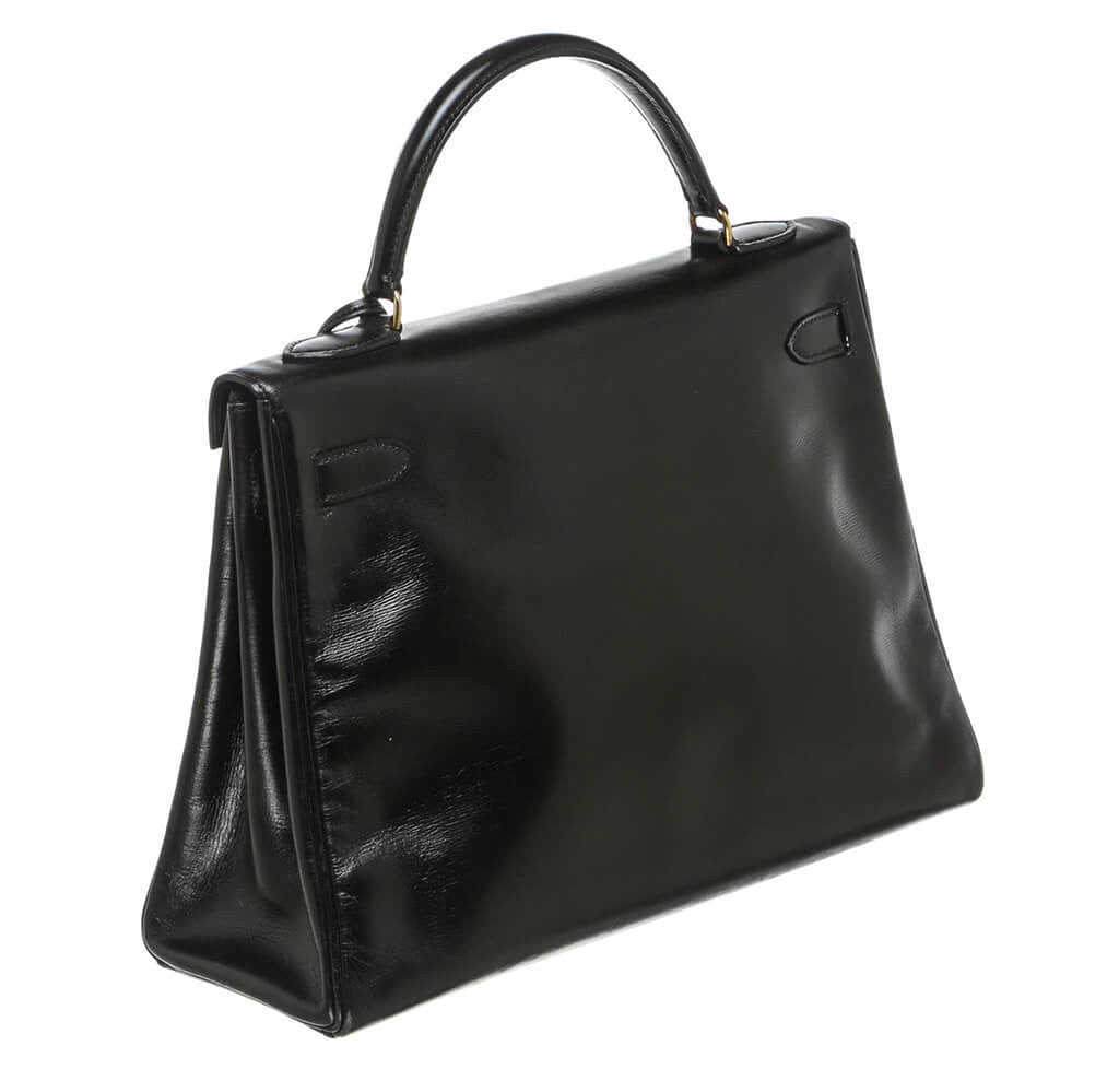 Hermès Box Leather Kelly Black Bag Crowned Bag