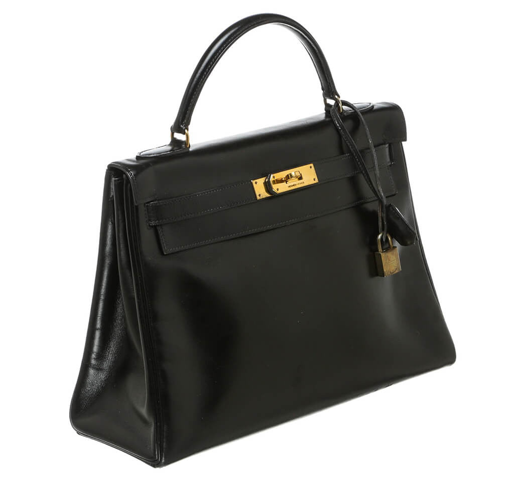 Hermès Box Leather Kelly Black Bag Crowned Bag