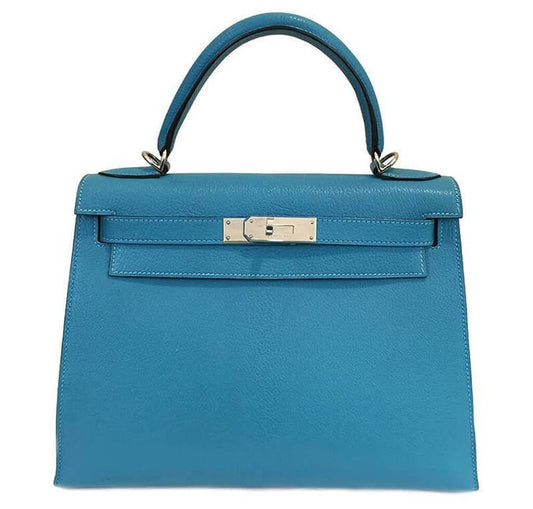 Hermès Kelly Sellier 28 Turquoise Bag PHW - Crowned Bag