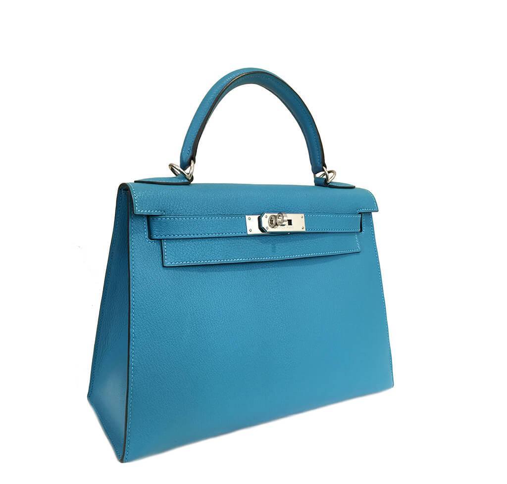 Hermès Kelly Sellier 28 Turquoise Bag PHW - Crowned Bag