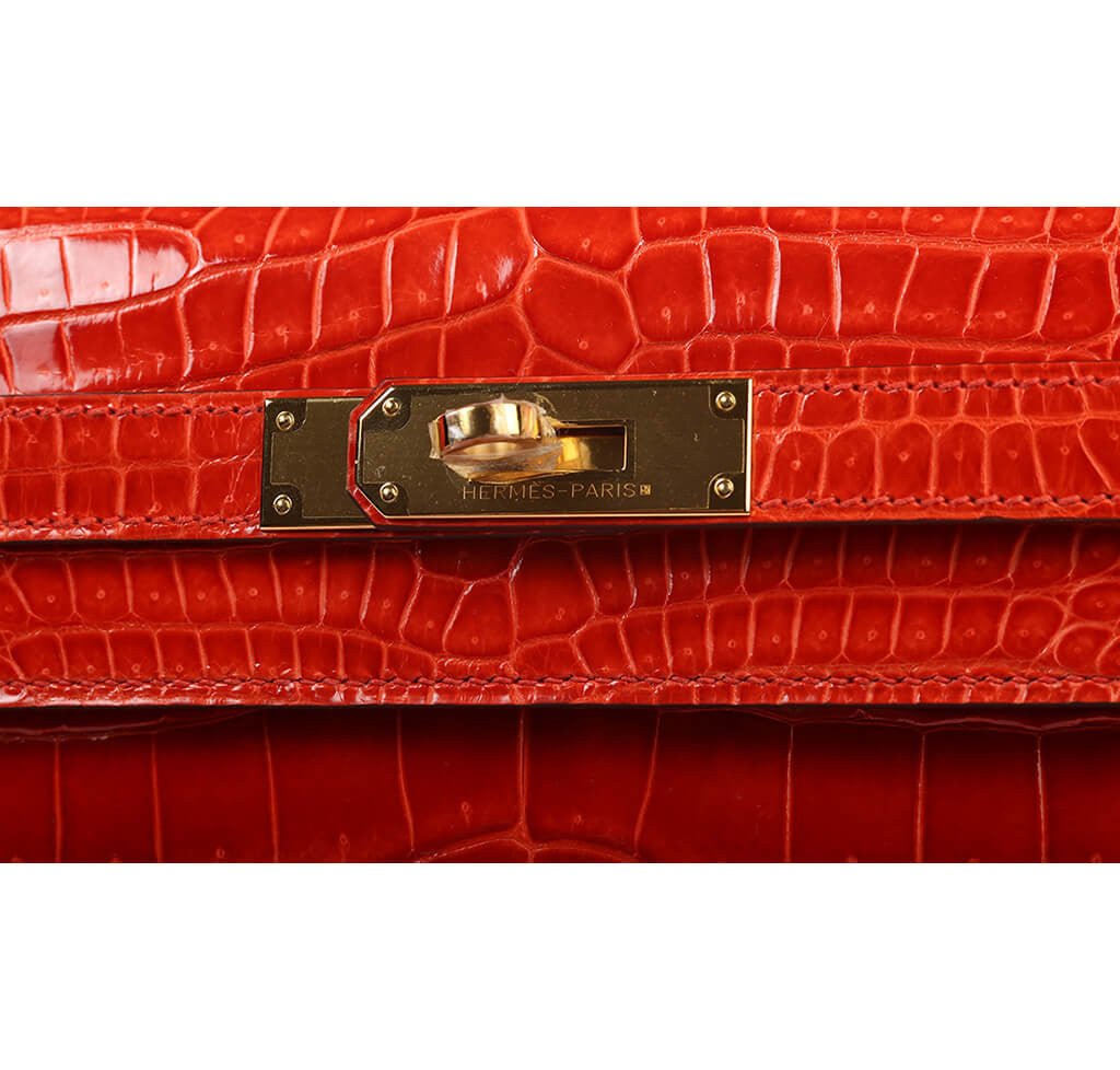 Hermès Porosus Crocodile Kelly 28 Geranium - Crowned Bag