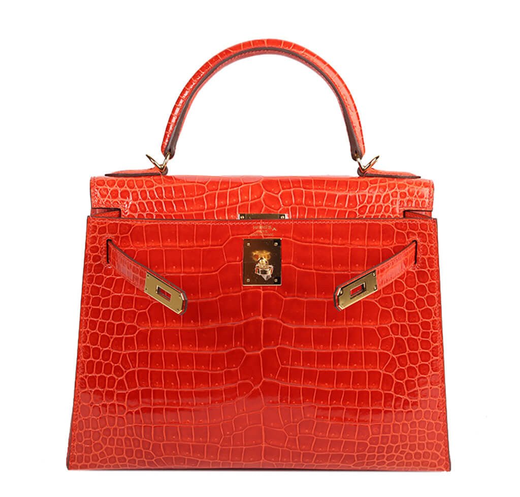 Hermès Porosus Crocodile Kelly 28 Geranium - Crowned Bag