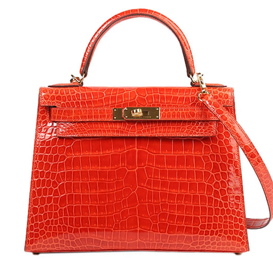 Hermès Porosus Crocodile Kelly 28 Geranium - Crowned Bag