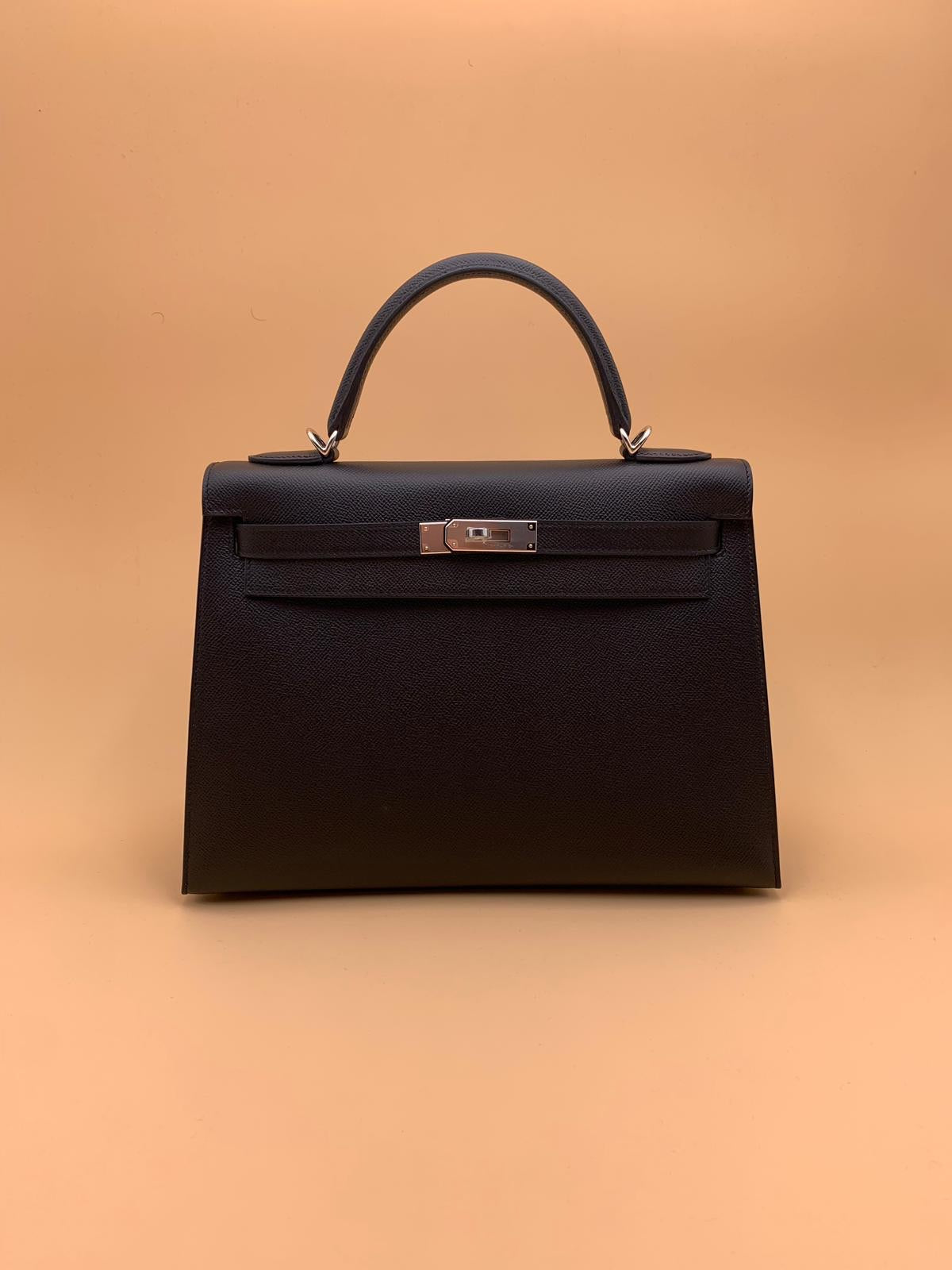 Hermes Black Epsom Kelly Sellier 32 Palladium Hardware Crowned Bag