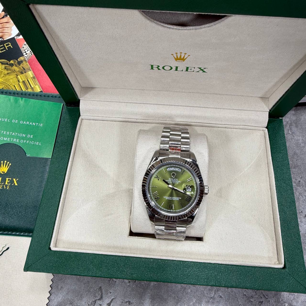 Rolex Oyster Perpetual Day-Date 40 Watch Men's Reference 228239 Olive Green Dial & Fluted Bezel Reps UK Best Quality AAA Replica