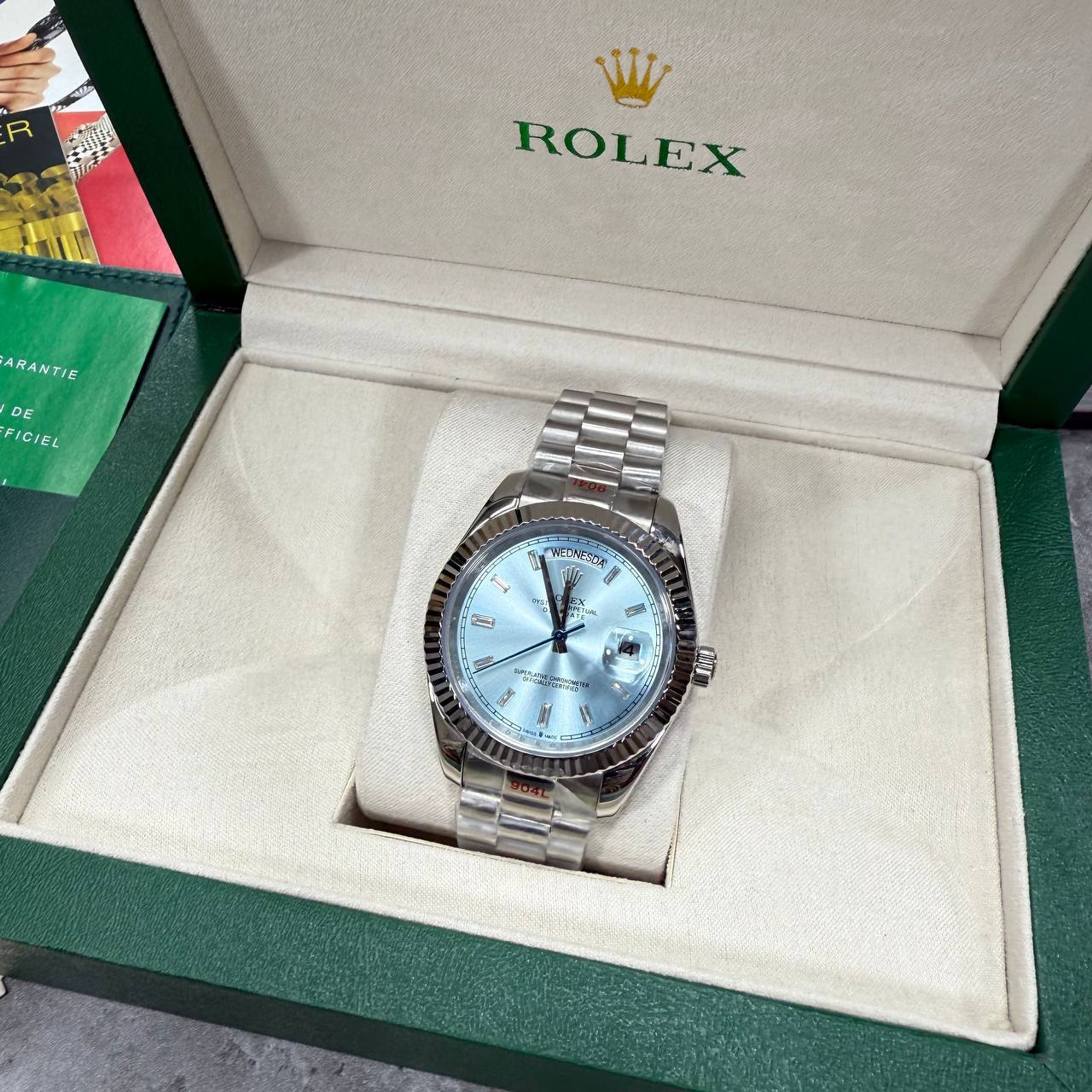 Rolex Day-Date 40 Watch Men's Reference 228236 Ice Blue Dial Fluted Bezel & President-Style Bracelet Reps UK Best Quality AAA Replica