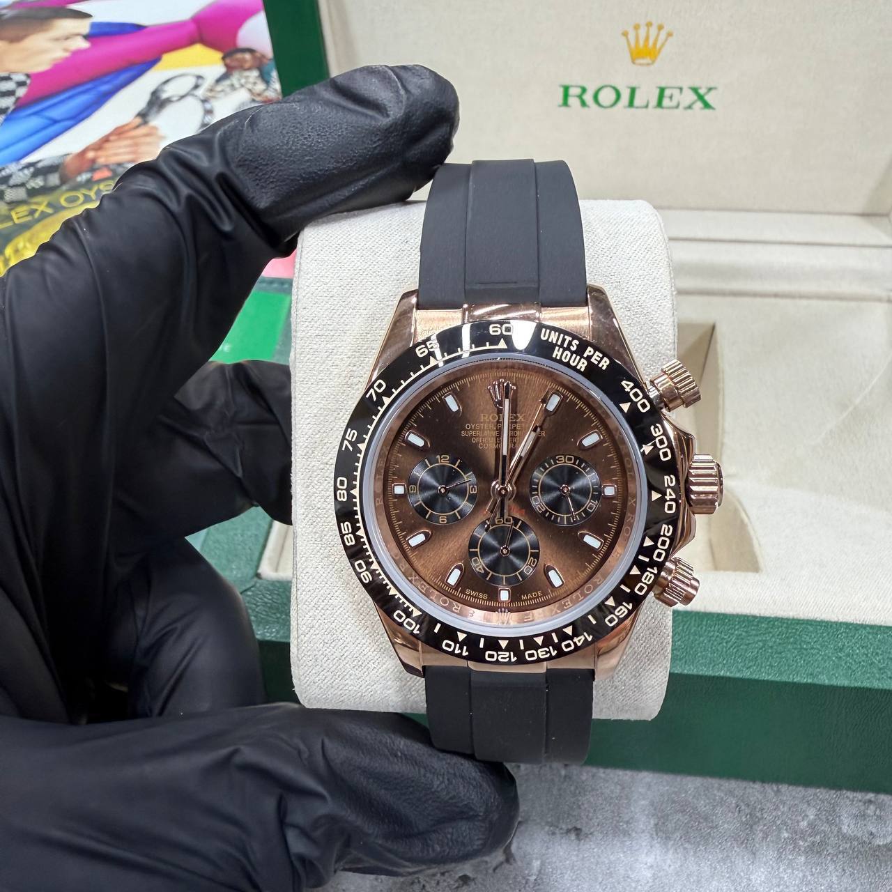 Rolex Cosmograph Daytona Men's Watch Reference 116515LN Everose Gold Case Chocolate Dial & Black Oysterflex Rubber Strap Reps UK Best Quality AAA Replica
