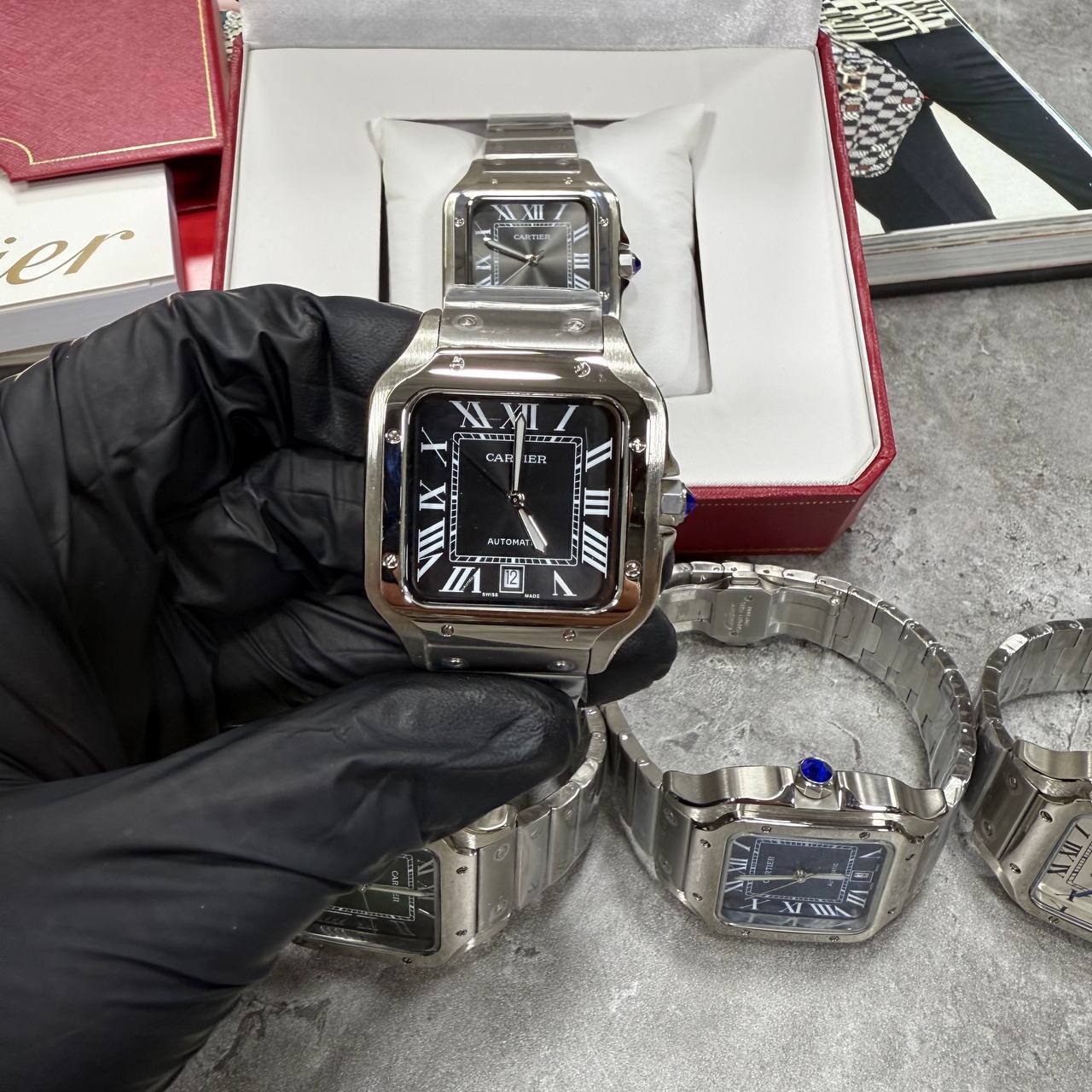 Cartier Santos de Cartier Men's Watch Black Roman Numeral Dial 39.8mm Stainless Steel Case & Bracelet Reps UK Best Quality AAA Replica
