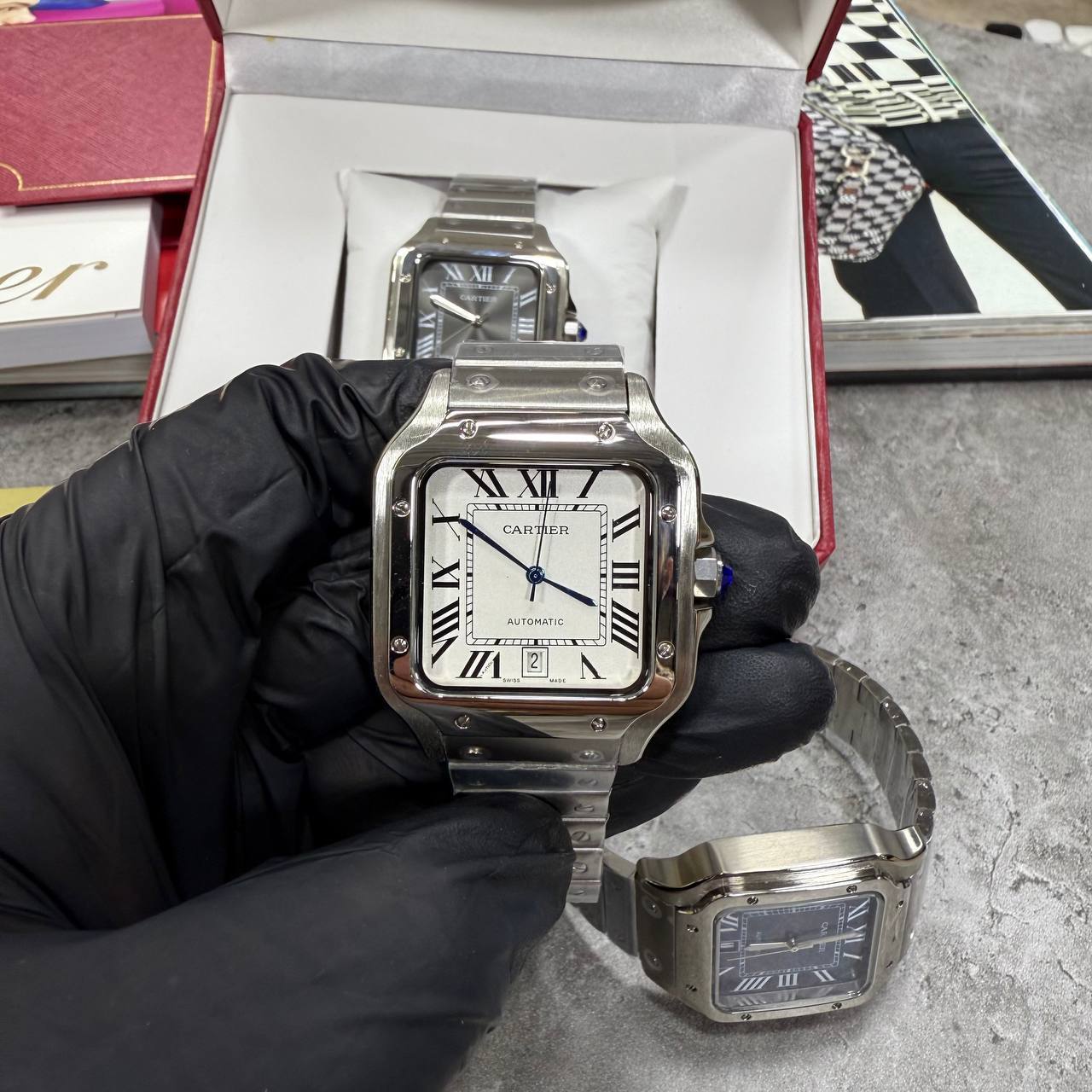 Cartier Santos de Cartier Watch Men's White Roman Numeral Dial Stainless Steel Bracelet Reps UK Best Quality AAA Replica