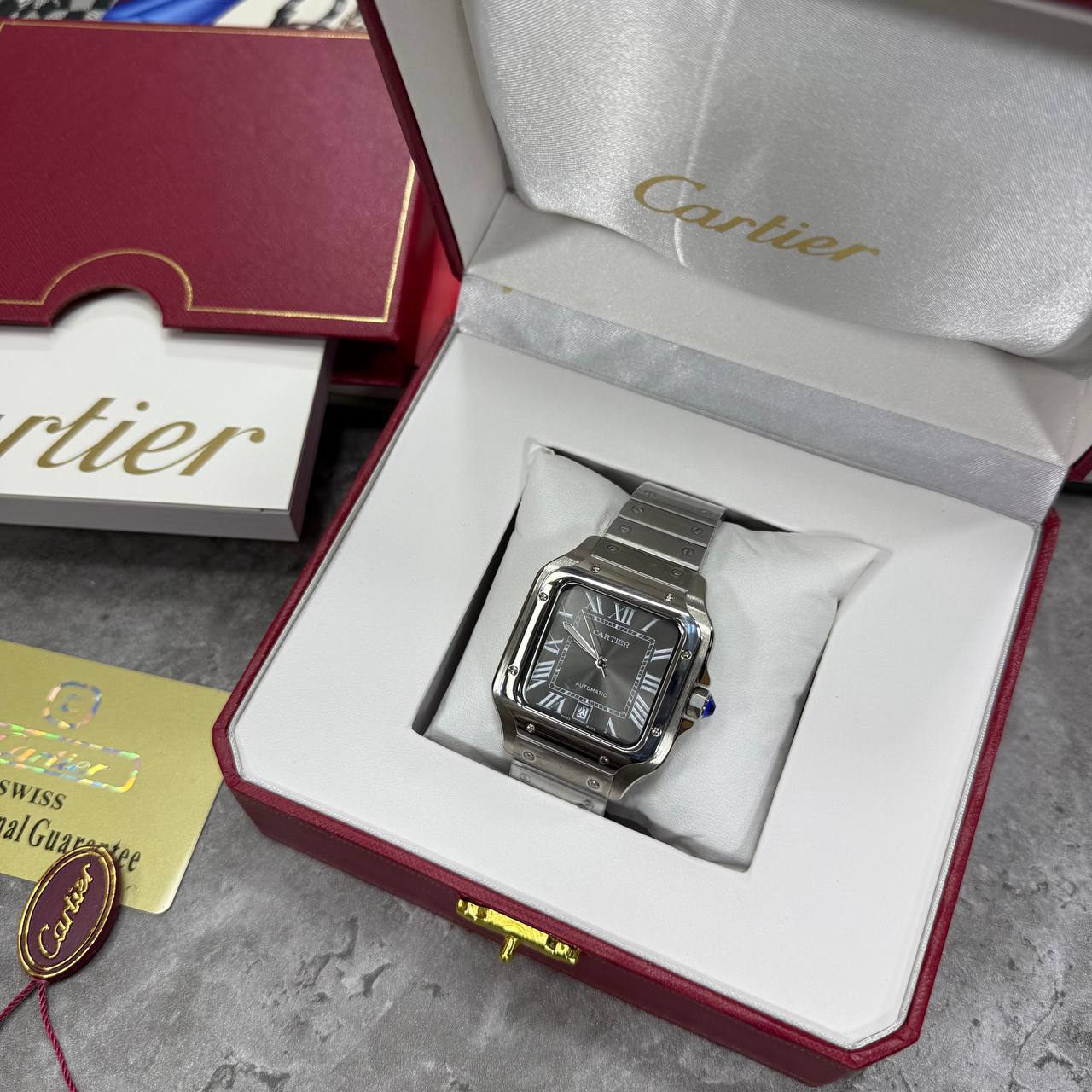 Cartier Santos de Cartier Men's Watch Black Roman Numeral Dial 39.8mm Stainless Steel Case & Bracelet Reps UK Best Quality AAA Replica