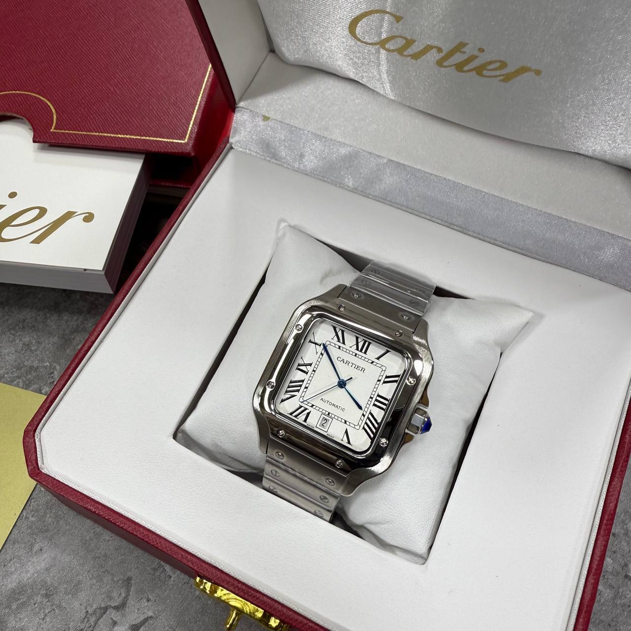 Cartier Santos de Cartier Watch Men's White Roman Numeral Dial Stainless Steel Bracelet Reps UK Best Quality AAA Replica
