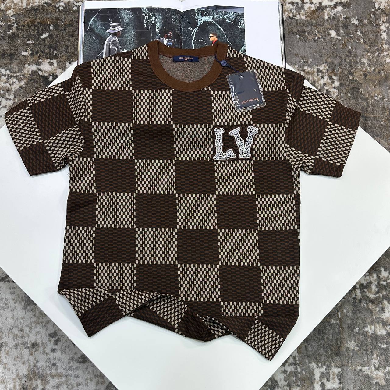 Louis Vuitton Damier LV Crystal Patch Brown T-Shirt Men's Women's Reps Sale UK Best Quality AAA Replica