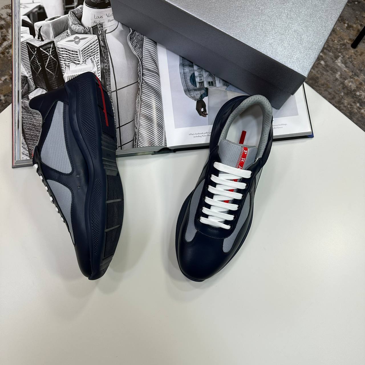 Prada America's Cup Rubber & Mesh Sneakers Men's in Navy Blue Color Reps Sale UK Best Quality AAA Replica