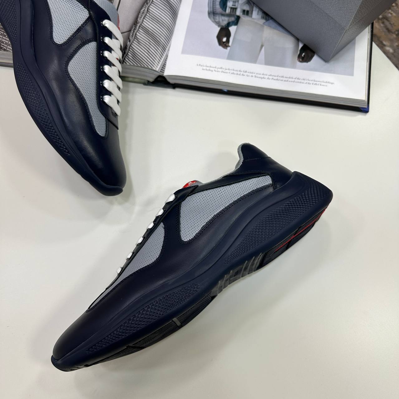 Prada America's Cup Rubber & Mesh Sneakers Men's in Navy Blue Color Reps Sale UK Best Quality AAA Replica