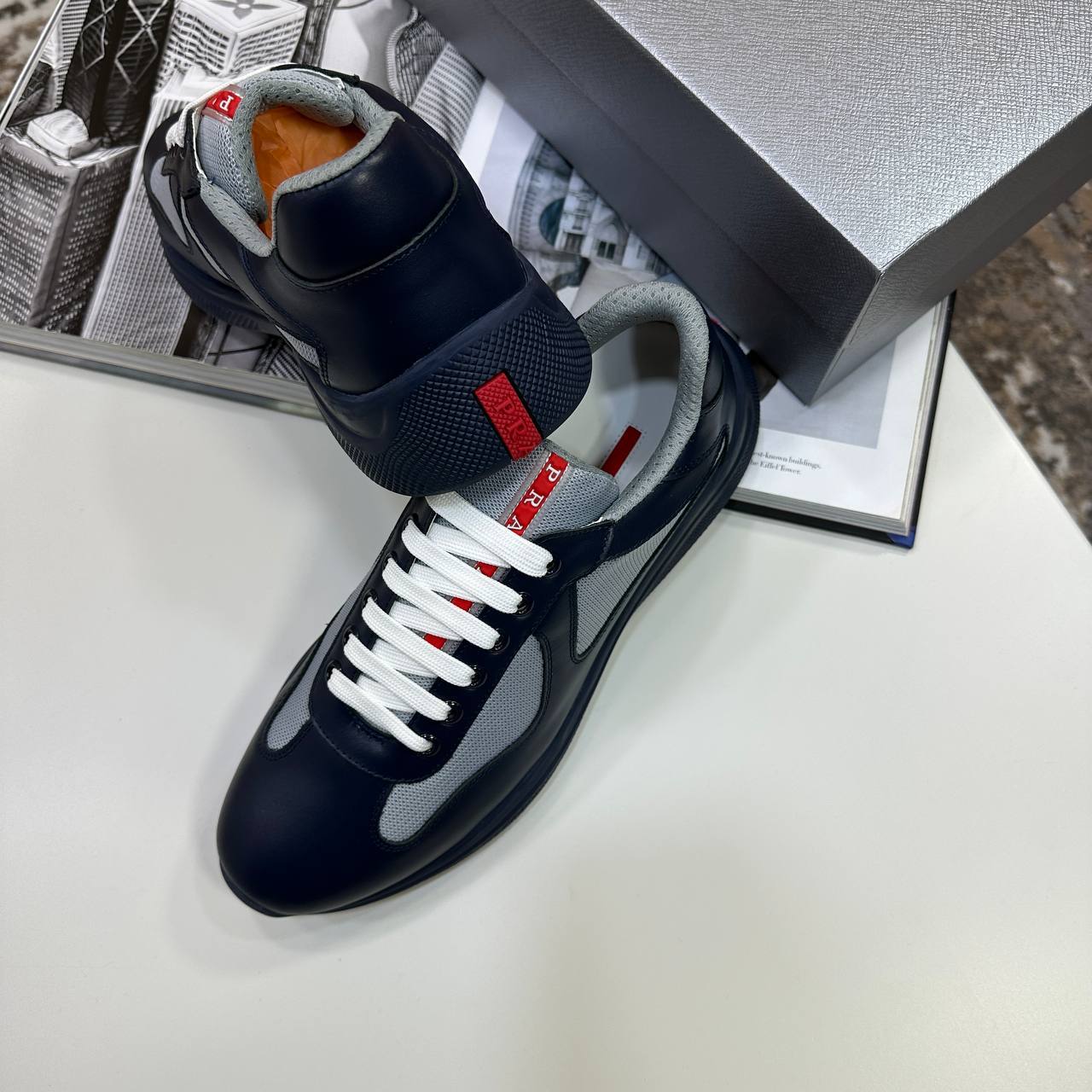 Prada America's Cup Rubber & Mesh Sneakers Men's in Navy Blue Color Reps Sale UK Best Quality AAA Replica