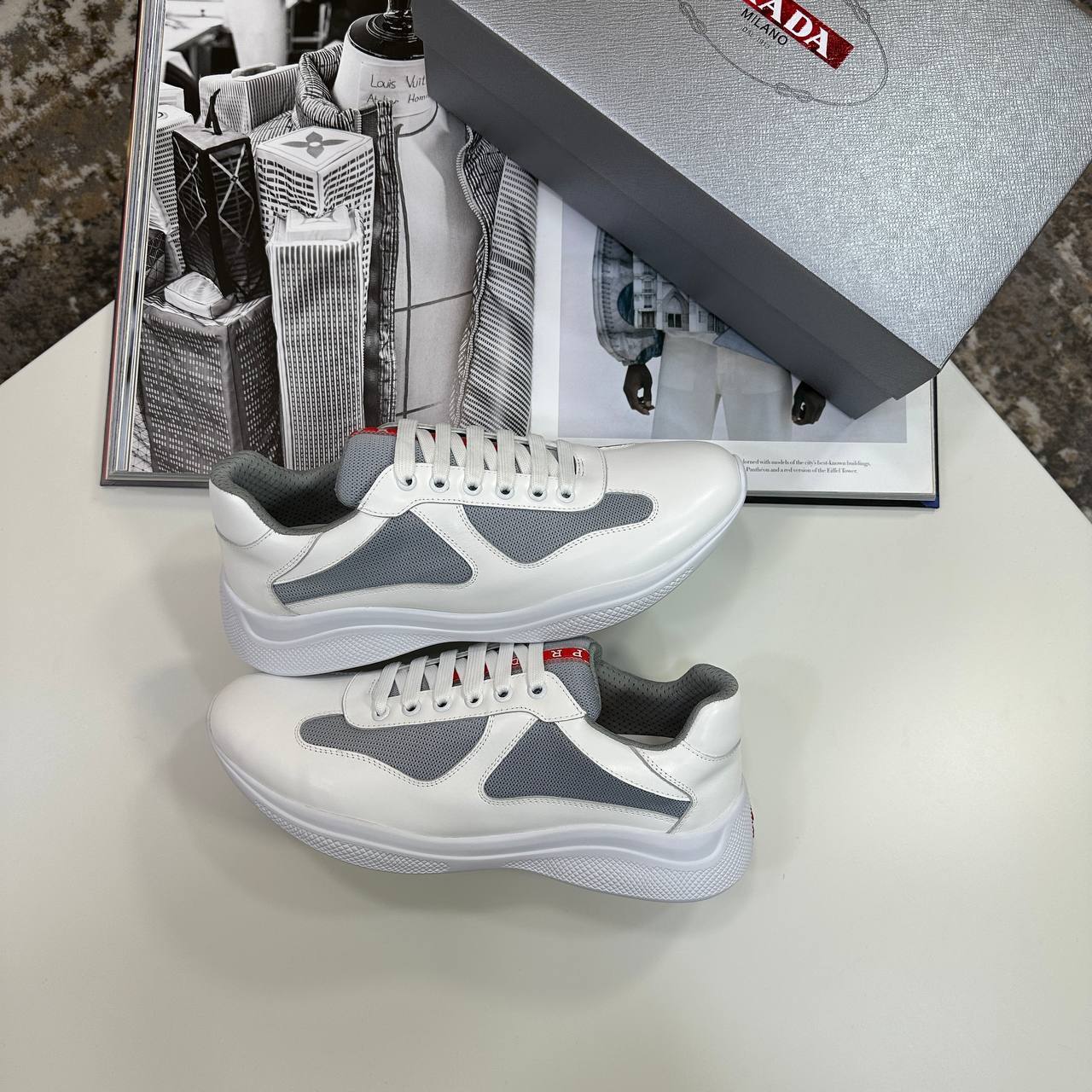 Prada America's Cup Rubber & Mesh Sneakers Men's in White Color Reps Sale UK Best Quality AAA Replica