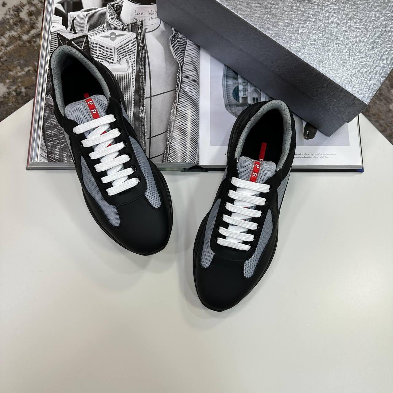 Prada America's Cup Rubber & Mesh Sneakers Men's in Black Color Reps Sale UK Best Quality AAA Replica
