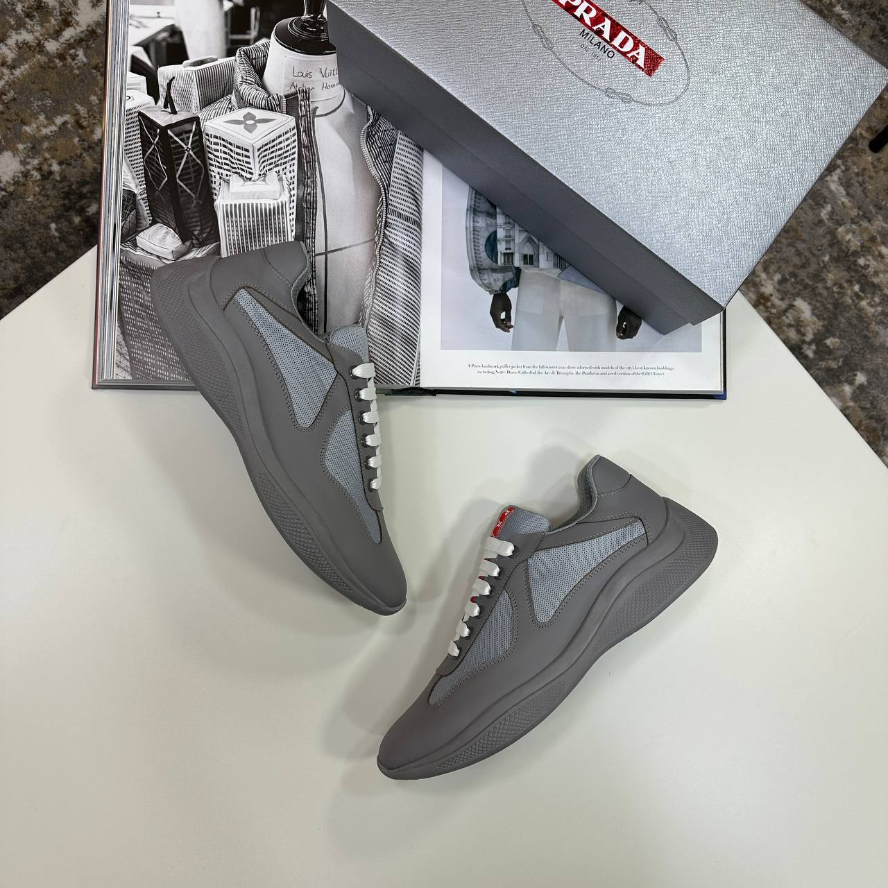 Prada America's Cup Rubber & Mesh Sneakers Men's in Grey Color Reps Sale UK Best Quality AAA Replica