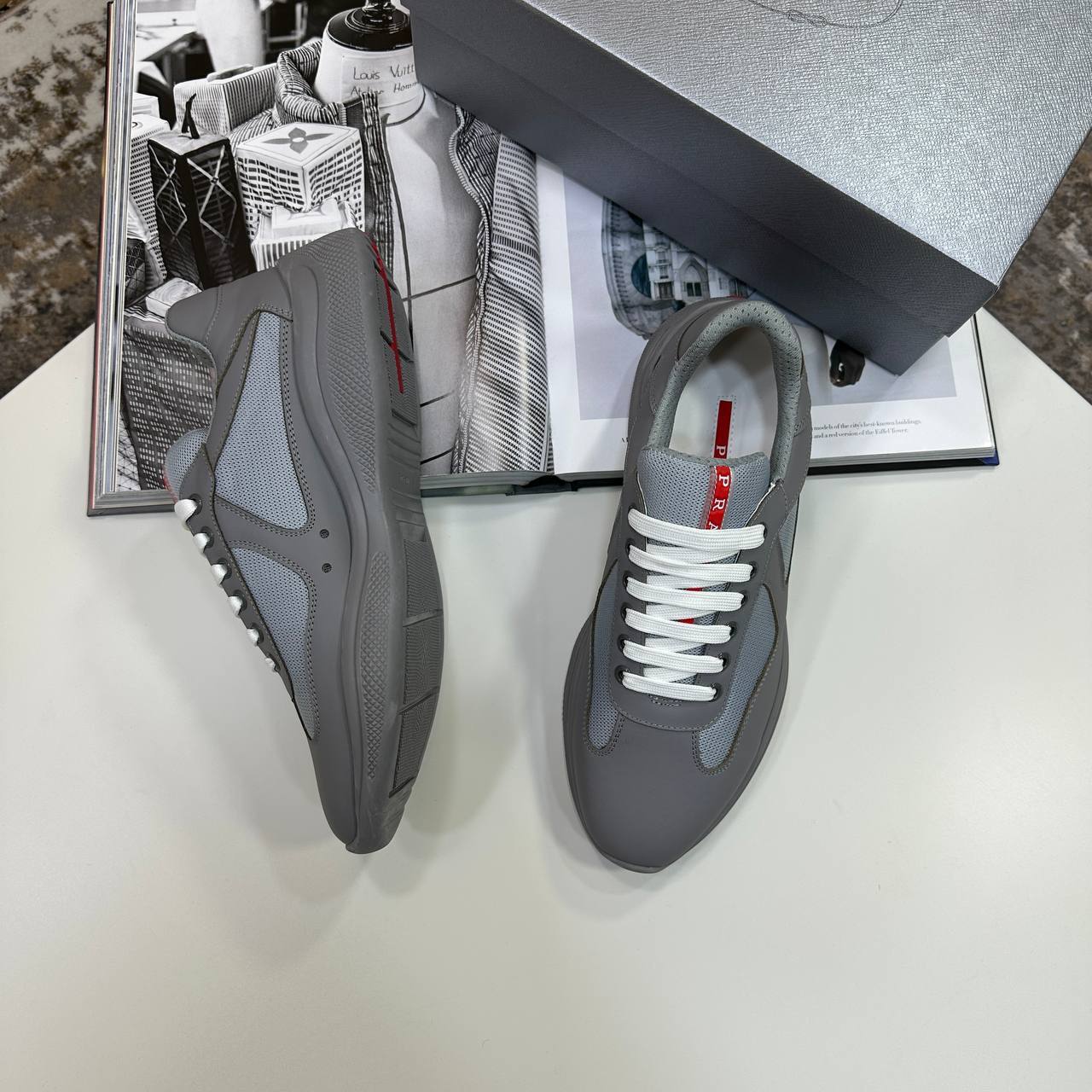 Prada America's Cup Rubber & Mesh Sneakers Men's in Grey Color Reps Sale UK Best Quality AAA Replica