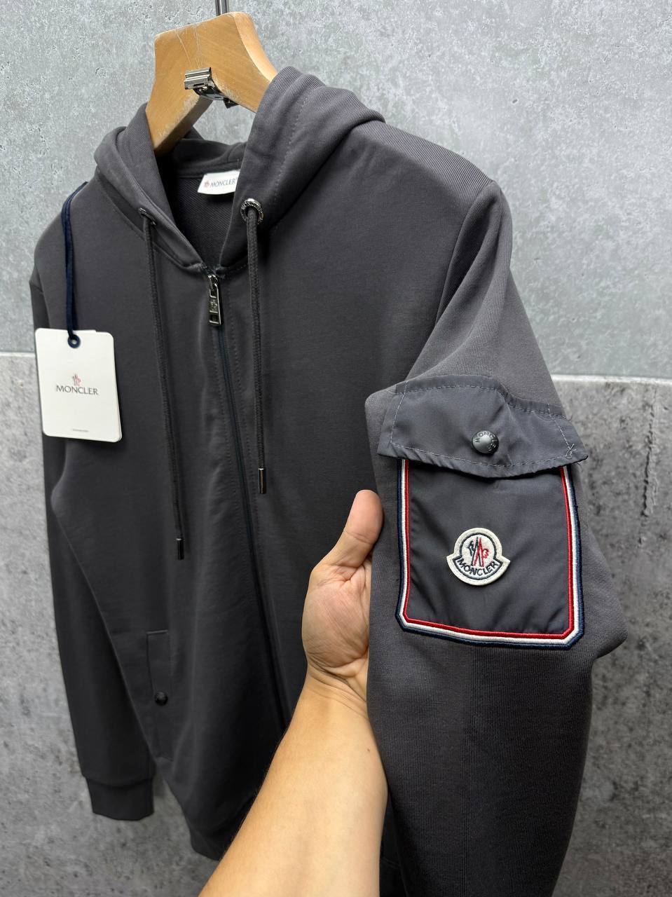 Moncler Sleeve Pocket Zip Up Hoodie Men's Women's in 2 Colors Reps UK Best Quality Sale AAA Replica