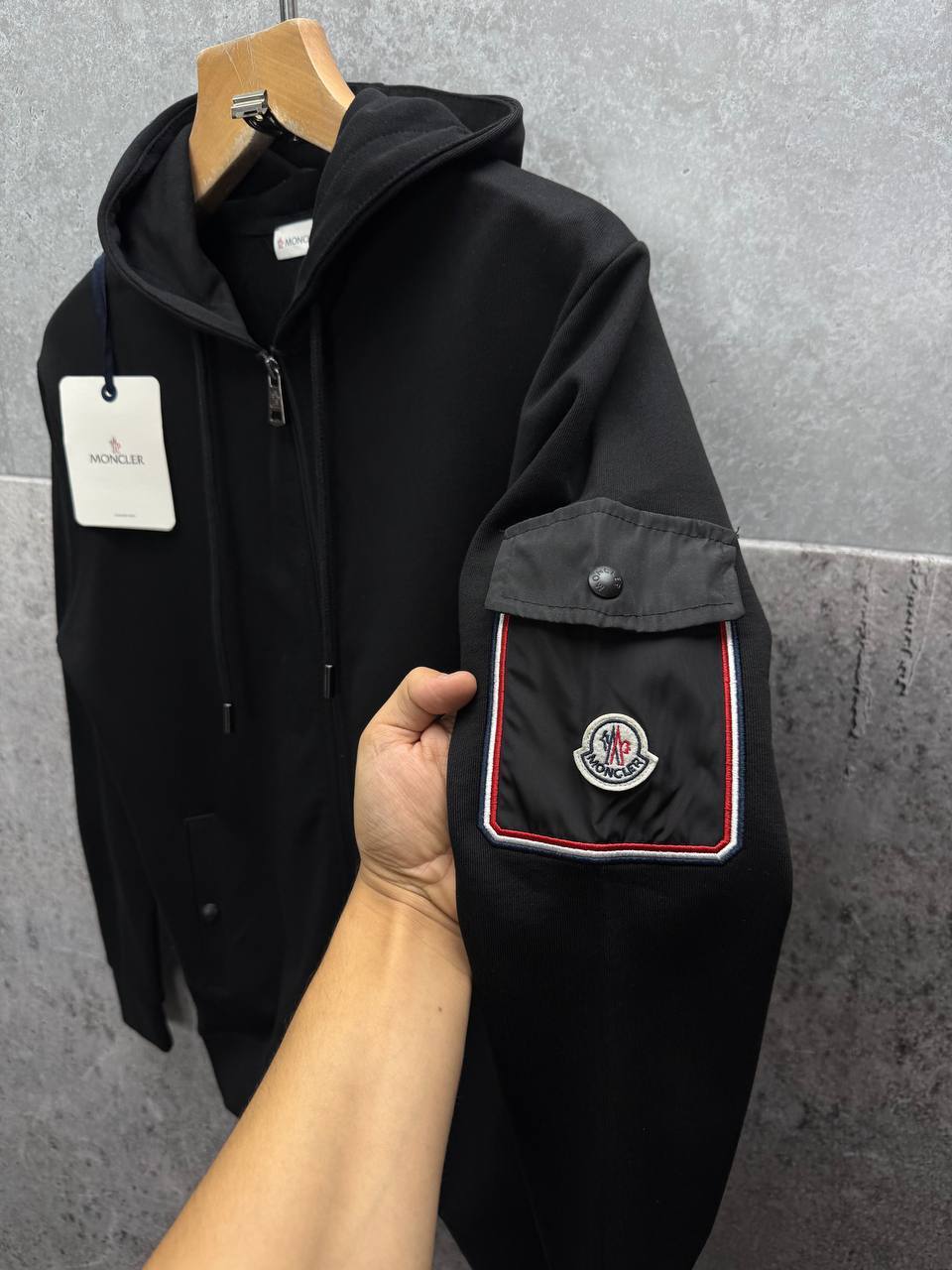 Moncler Sleeve Pocket Zip Up Hoodie Men's Women's in 2 Colors Reps UK Best Quality Sale AAA Replica