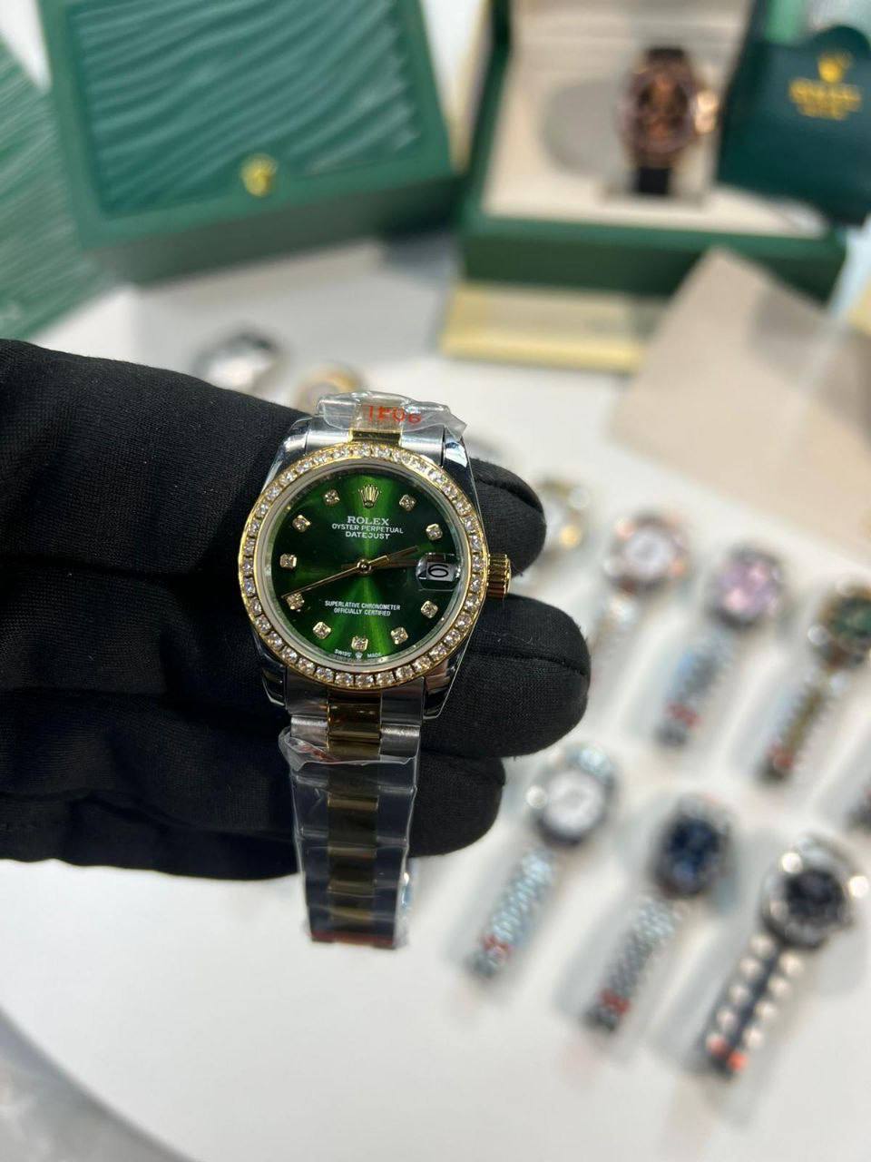 Rolex Lady-Datejust Olive Green Diamond Dial & Bezel Two Tone Oystersteel Bracelet Women's Watch Reps Sale UK Best Quality AAA Replica
