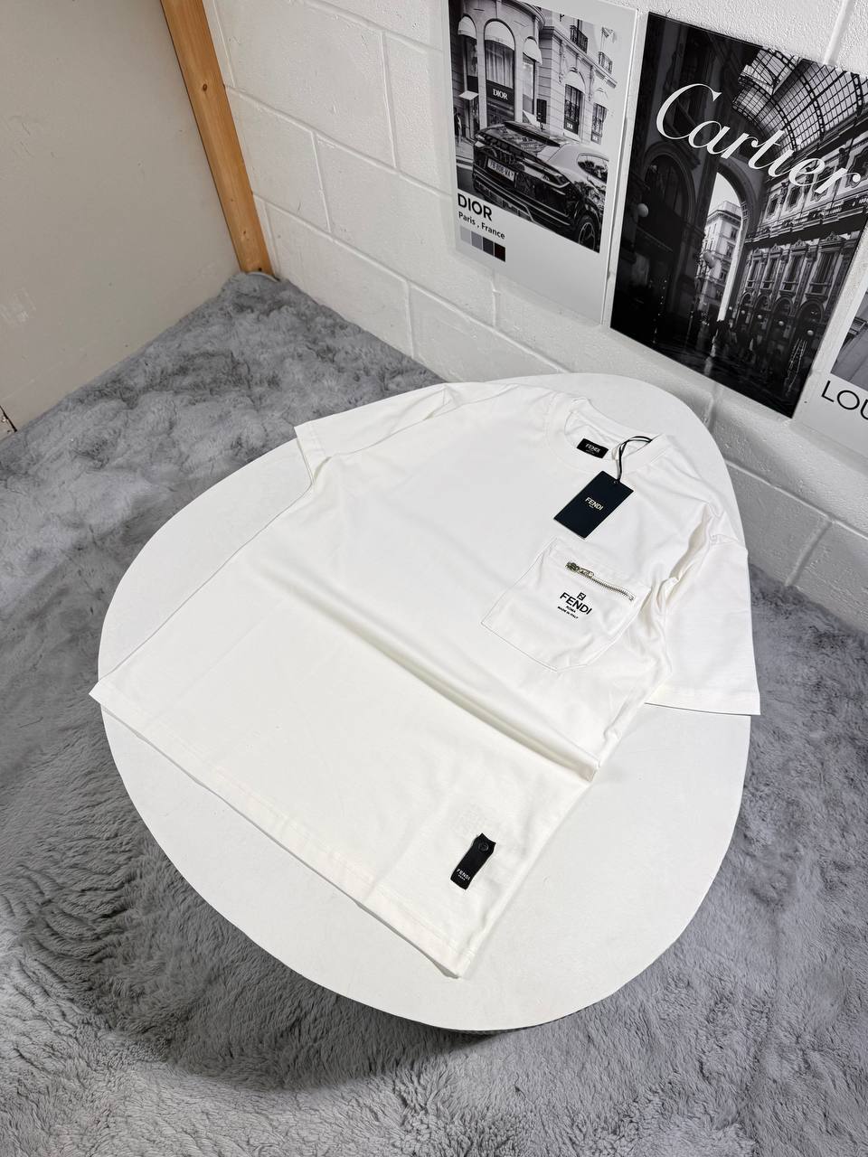 Fendi Logo Print Zip Pocket T-Shirt in Different Colors Men's Women's Reps UK Best Quality AAA Replica