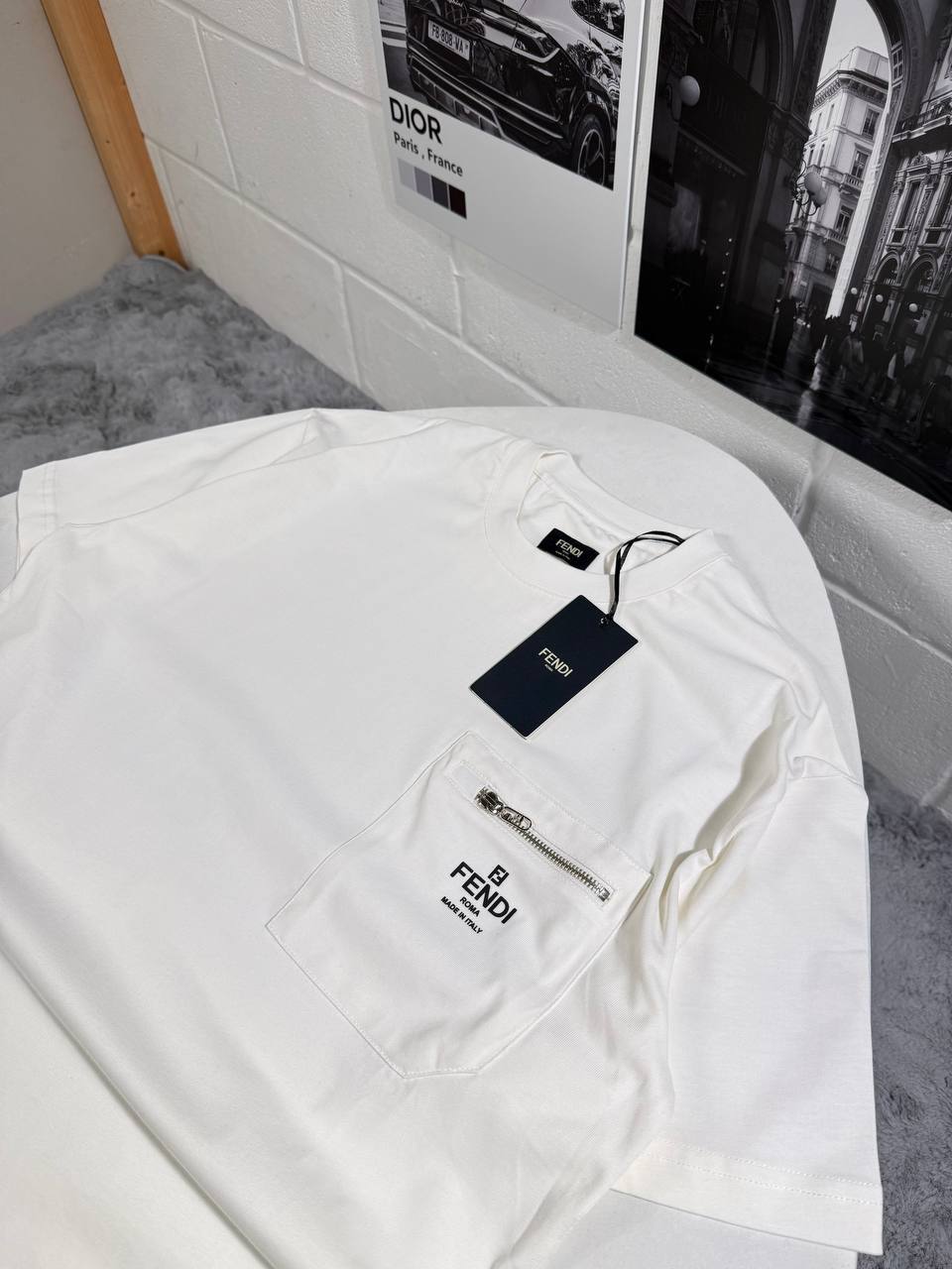 Fendi Logo Print Zip Pocket T-Shirt in Different Colors Men's Women's Reps UK Best Quality AAA Replica
