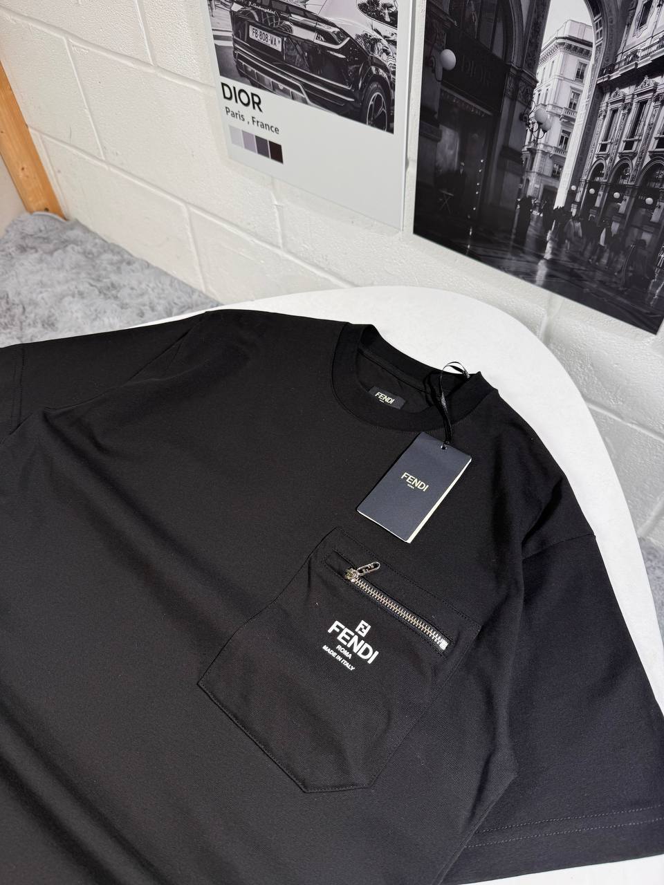 Fendi Logo Print Zip Pocket T-Shirt in Different Colors Men's Women's Reps UK Best Quality AAA Replica