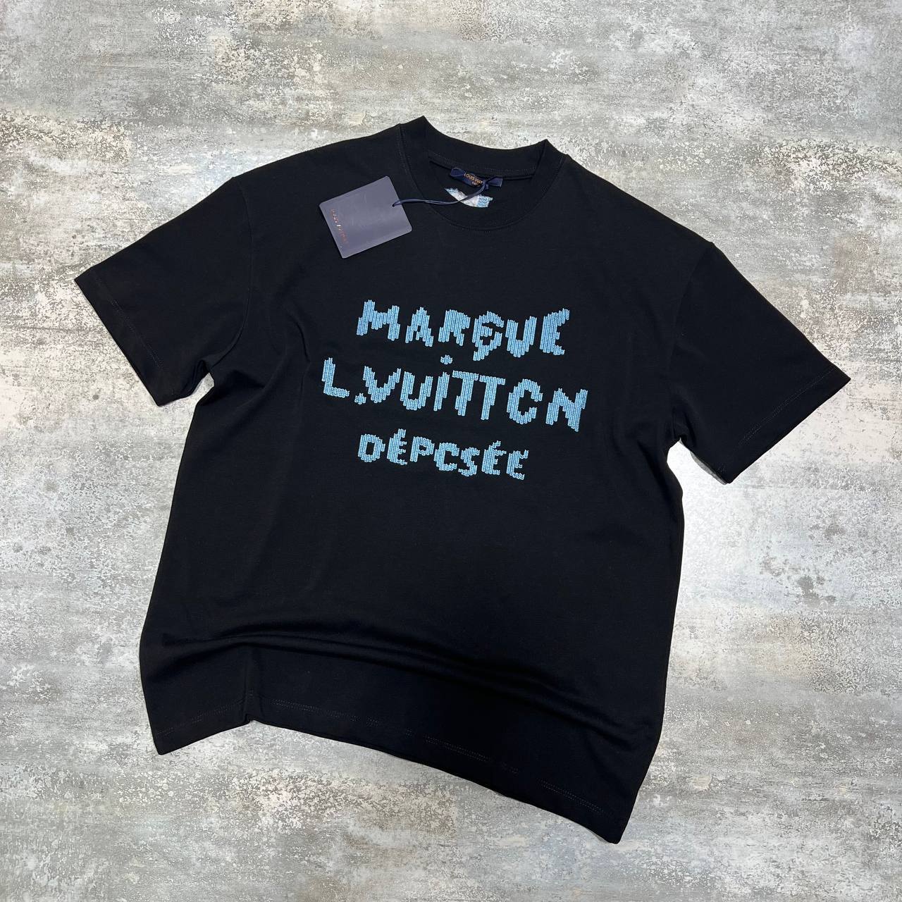 Louis Vuitton Embroidered Blue Signature T-Shirts in Black Color Men's Women's Reps Sale UK Best Quality AAA Replica