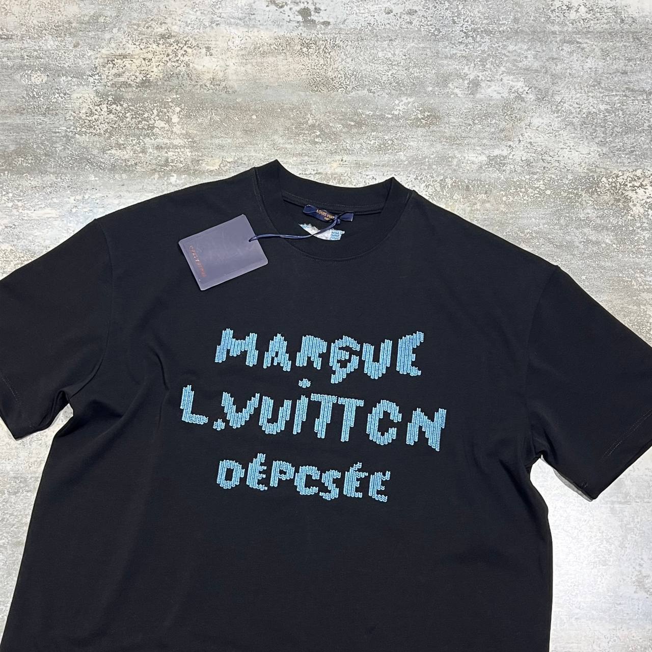 Louis Vuitton Embroidered Blue Signature T-Shirts in Black Color Men's Women's Reps Sale UK Best Quality AAA Replica