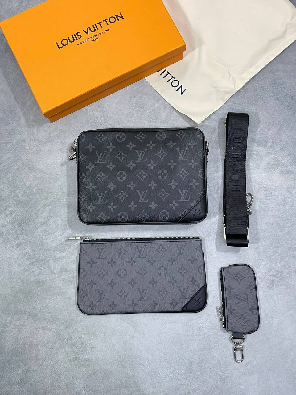 Louis Vuitton Trio Messenger Men's Bag Monogram Eclipse in Black/Grey Reps Best Quality AAA Replica
