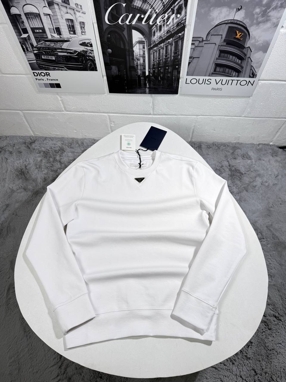Prada Triangle Logo on the Chest Men's Women's Jumper in White Color Reps UK Best Quality AAA Replica