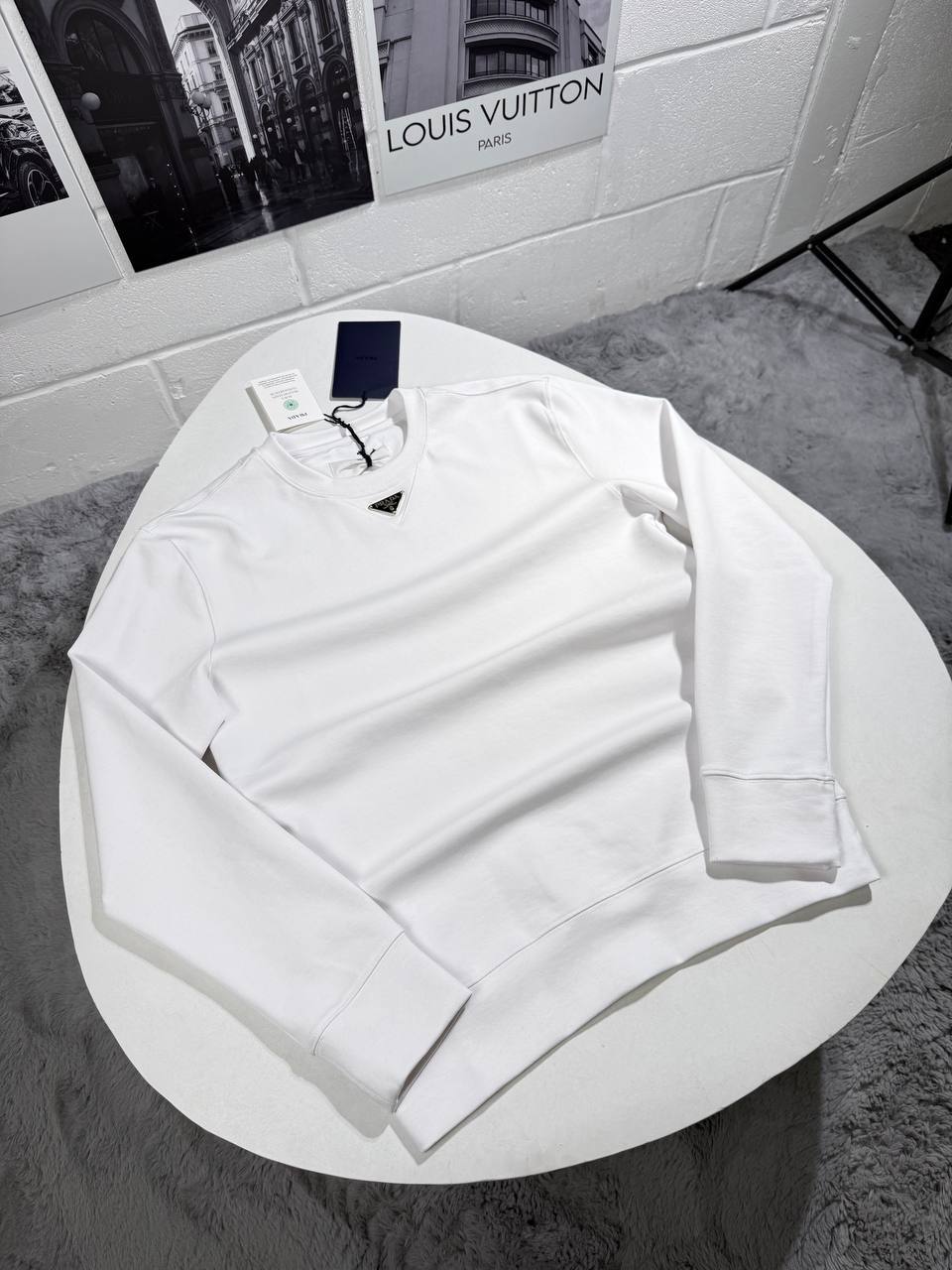 Prada Triangle Logo on the Chest Men's Women's Jumper in White Color Reps UK Best Quality AAA Replica