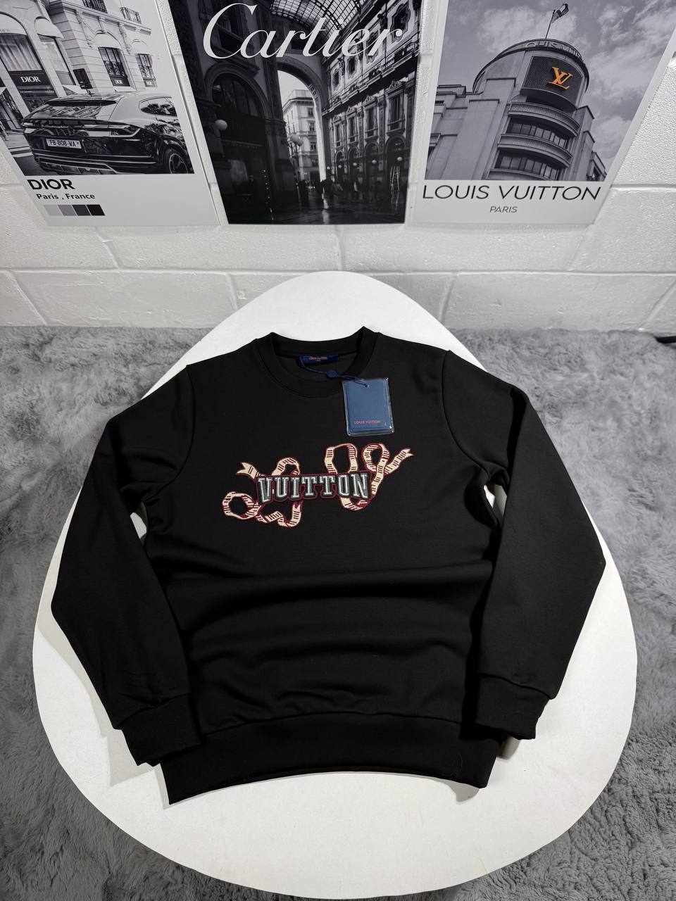 Louis Vuitton Ribbon Embroidered Cotton Crewneck Jumpers Men's Women's in Different Colors Reps UK Best Quality AAA Replica