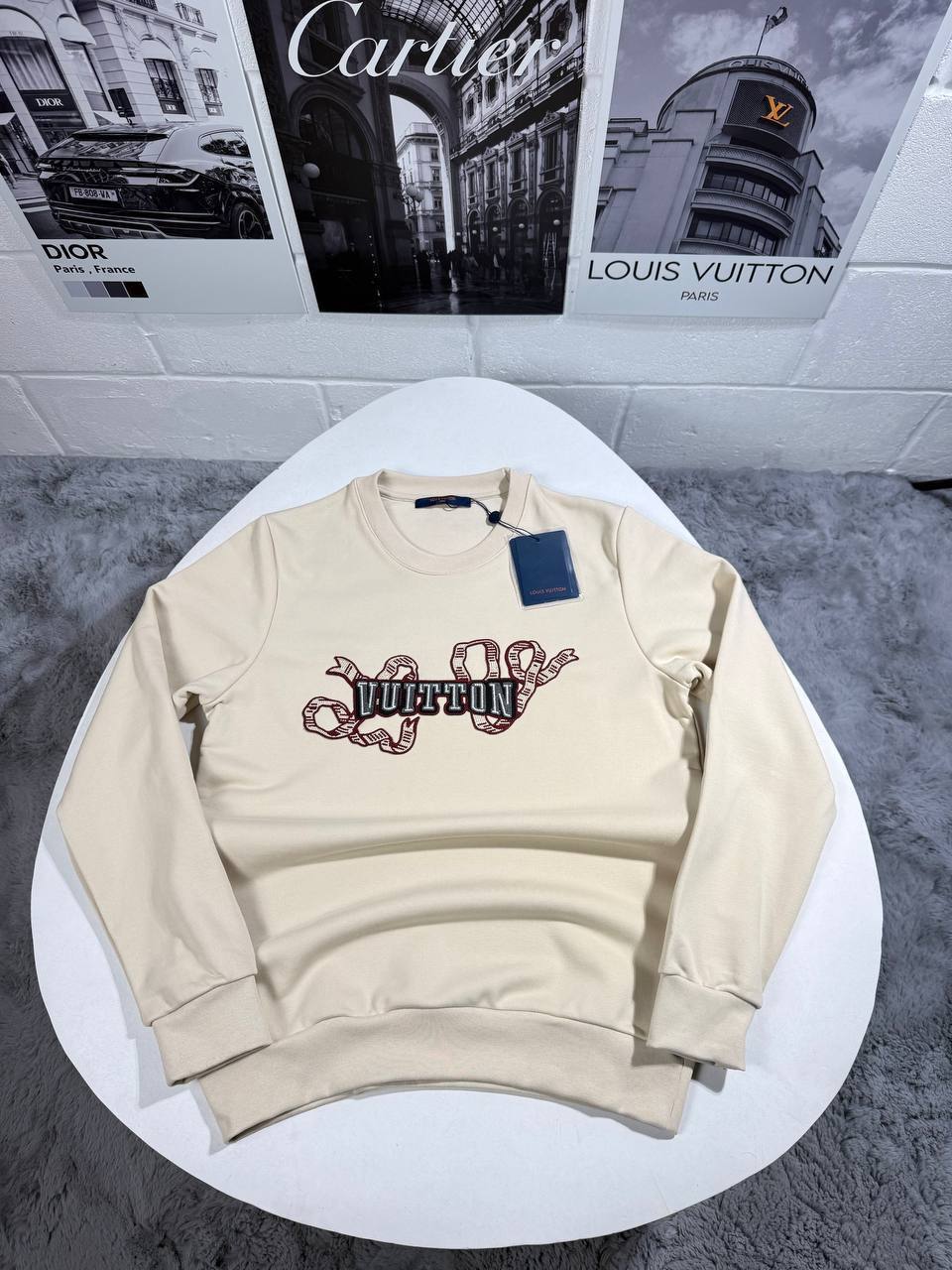 Louis Vuitton Ribbon Embroidered Cotton Crewneck Jumpers Men's Women's in Different Colors Reps UK Best Quality AAA Replica