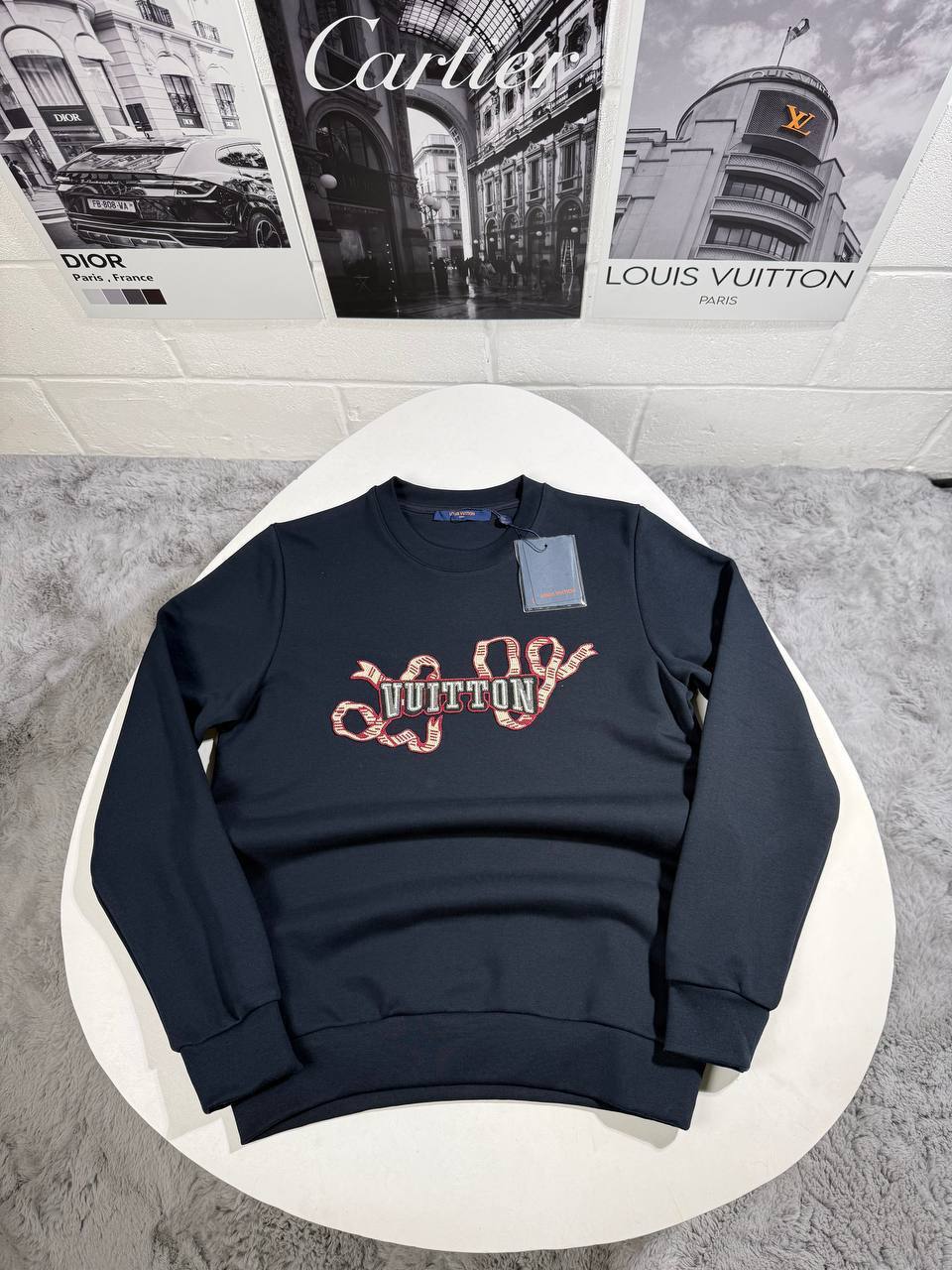 Louis Vuitton Ribbon Embroidered Cotton Crewneck Jumpers Men's Women's in Different Colors Reps UK Best Quality AAA Replica