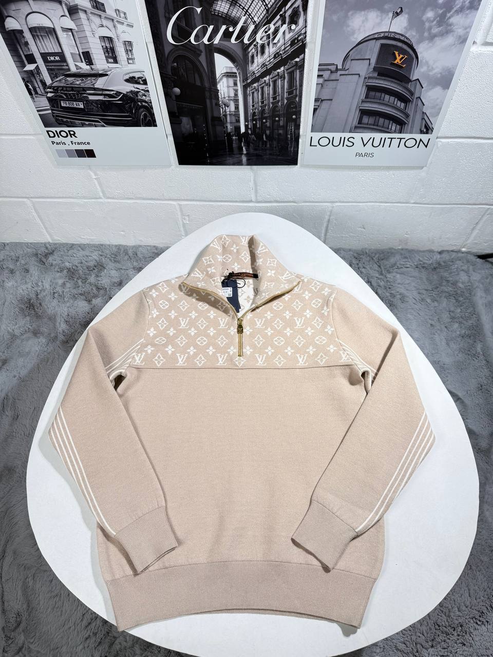 Louis Vuitton Ribbed Wool Half-Zip Men's Women's Jumpers in Beige Color Reps UK Best Quality AAA Replica