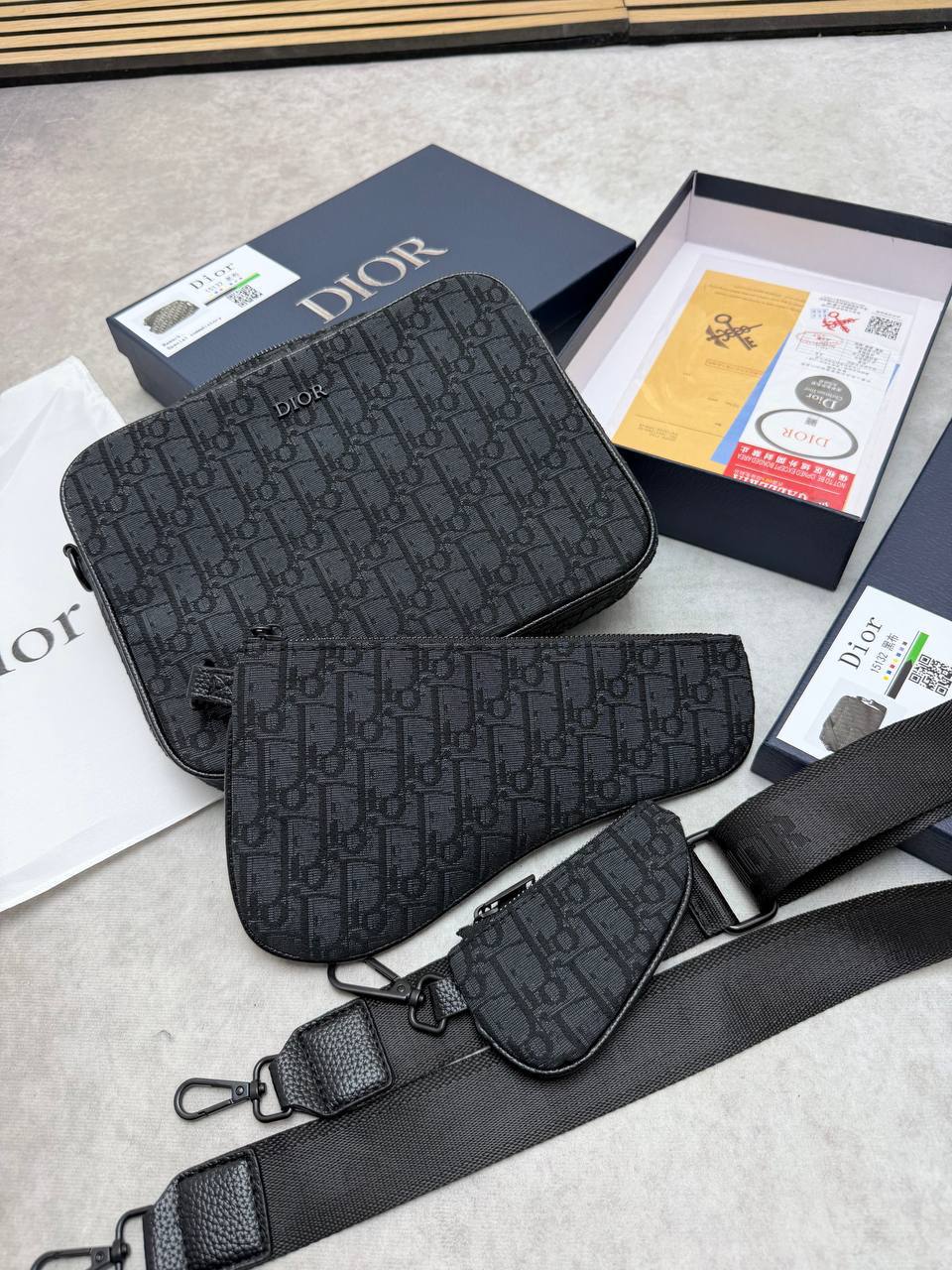 Dior Oblique Jacquard Black Saddle Triple Pouch Messenger Men's Bag Reps Sale UK Best Quality AAA Replica