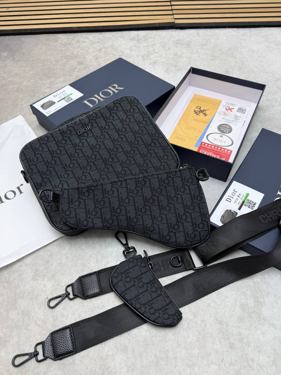 Dior Oblique Jacquard Black Saddle Triple Pouch Messenger Men's Bag Reps Sale UK Best Quality AAA Replica