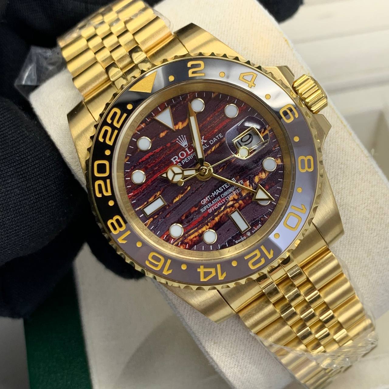 Rolex GMT-Master II 126718GRNR-0002 Men's Watch Tiger Iron Dial Yellow Gold Jubilee Bracelet Reps Sale UK Best Quality AAA Replica