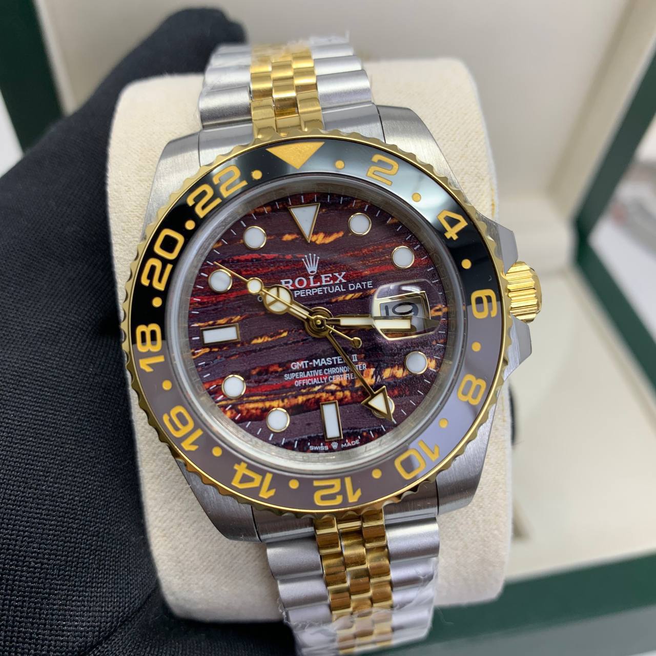 Rolex GMT-Master II 126713GRNR-0002 Men's Watch Tiger Iron Dial Yellow Gold Two-Tone Jubilee Bracelet Reps Sale UK Best Quality AAA Replica