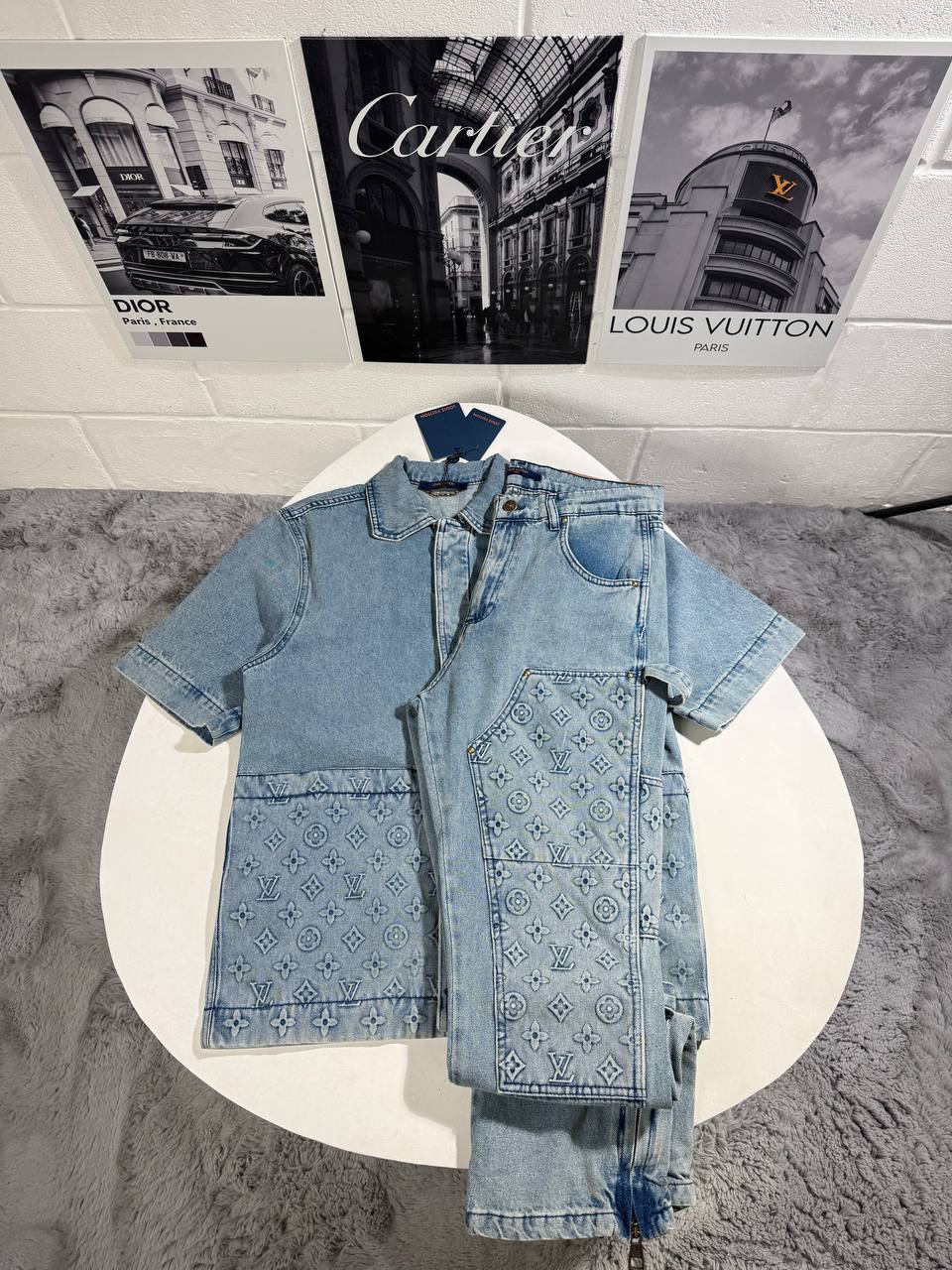 Louis Vuitton Short Sleeve Denim Brand Logo Tracksuit Men's in Blue Color Reps Sale UK Best Quality AAA Replica