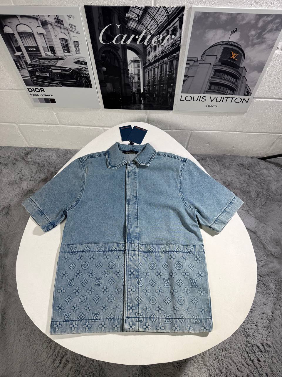 Louis Vuitton Short Sleeve Denim Brand Logo Tracksuit Men's in Blue Color Reps Sale UK Best Quality AAA Replica