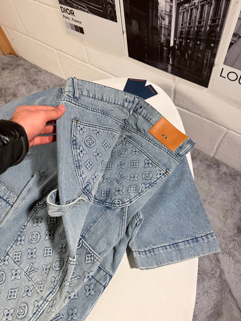 Louis Vuitton Short Sleeve Denim Brand Logo Tracksuit Men's in Blue Color Reps Sale UK Best Quality AAA Replica